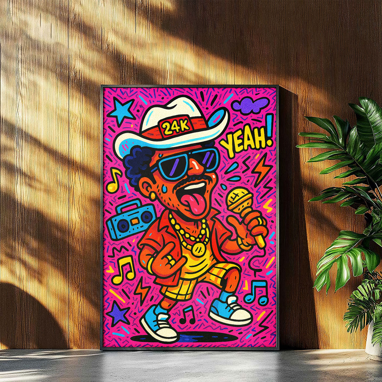 Vibrant funk pop art print featuring a stylized male performer with a fedora, sunglasses, and microphone, surrounded by musical notes and a boombox on a pink background.