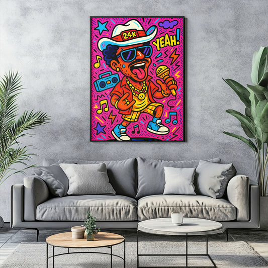 Vibrant funk pop art print featuring a stylized male performer with a fedora, sunglasses, and microphone, surrounded by musical notes and a boombox on a pink background.