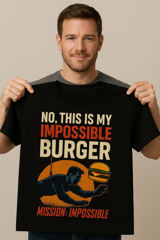 Unisex funny parody graphic t-shirt with retro burger-themed illustration and witty slogan, available in multiple colors
