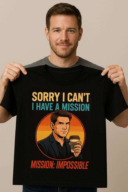 Unisex funny parody graphic t-shirt with retro mission-inspired illustration and witty slogan, available in multiple colors