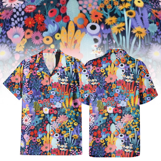 Garden Party Hawaiian Shirt For Men Women featuring a vibrant, colorful floral medley print with various types of flowers in red, orange, yellow, purple, and blue on a dark background. Front and back view of the short-sleeve button-up shirt