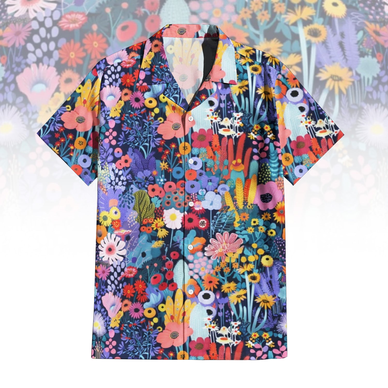 Garden Party Hawaiian Shirt For Men Women featuring a vibrant, colorful floral medley print with various types of flowers in red, orange, yellow, purple, and blue on a dark background. Front and back view of the short-sleeve button-up shirt