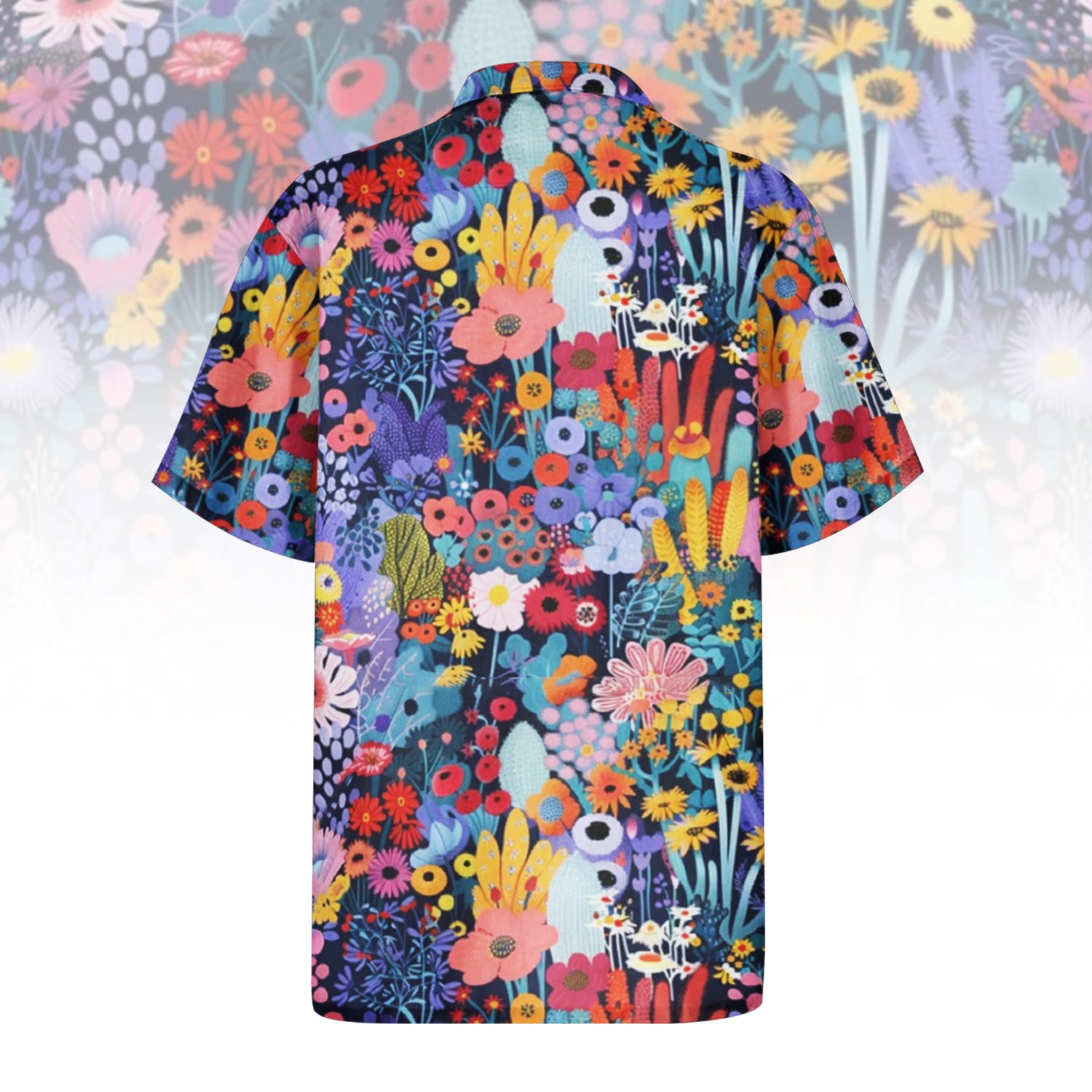 Garden Party Hawaiian Shirt For Men Women featuring a vibrant, colorful floral medley print with various types of flowers in red, orange, yellow, purple, and blue on a dark background. Front and back view of the short-sleeve button-up shirt