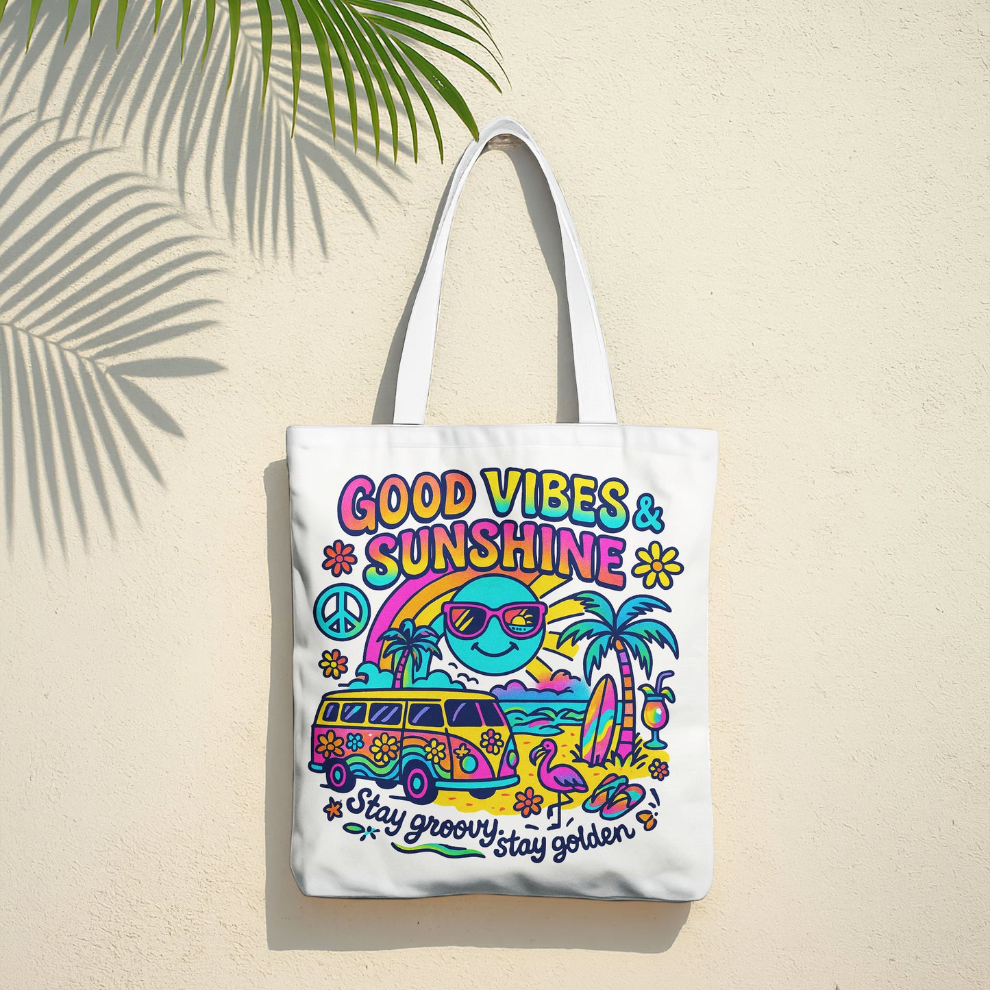 White beach tote bag with a colorful retro design featuring a surf van, palm trees, sun with sunglasses, rainbow, peace sign, and text 'Good Vibes & Sunshine' and 'Stay groovy, stay golden