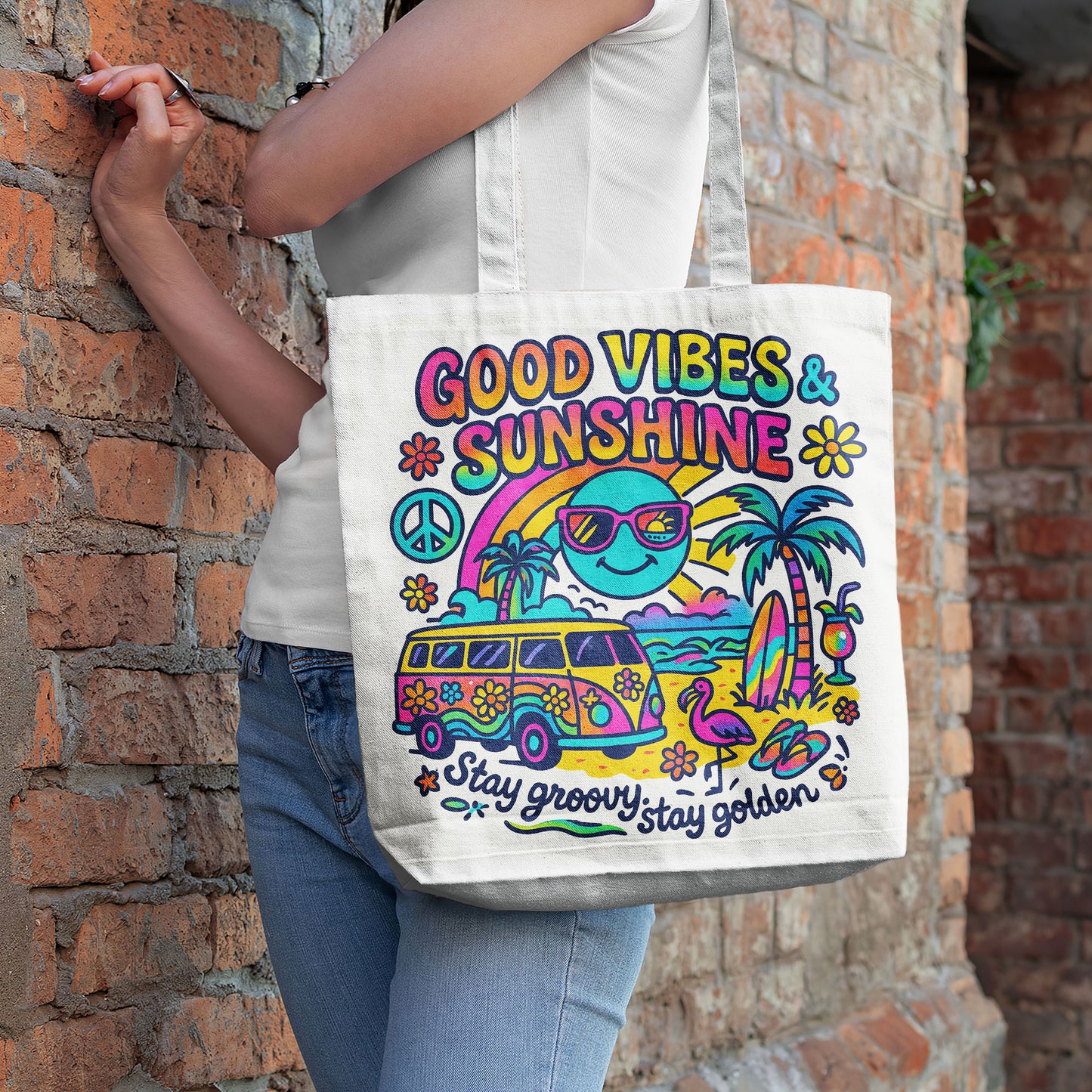 White beach tote bag with a colorful retro design featuring a surf van, palm trees, sun with sunglasses, rainbow, peace sign, and text 'Good Vibes & Sunshine' and 'Stay groovy, stay golden