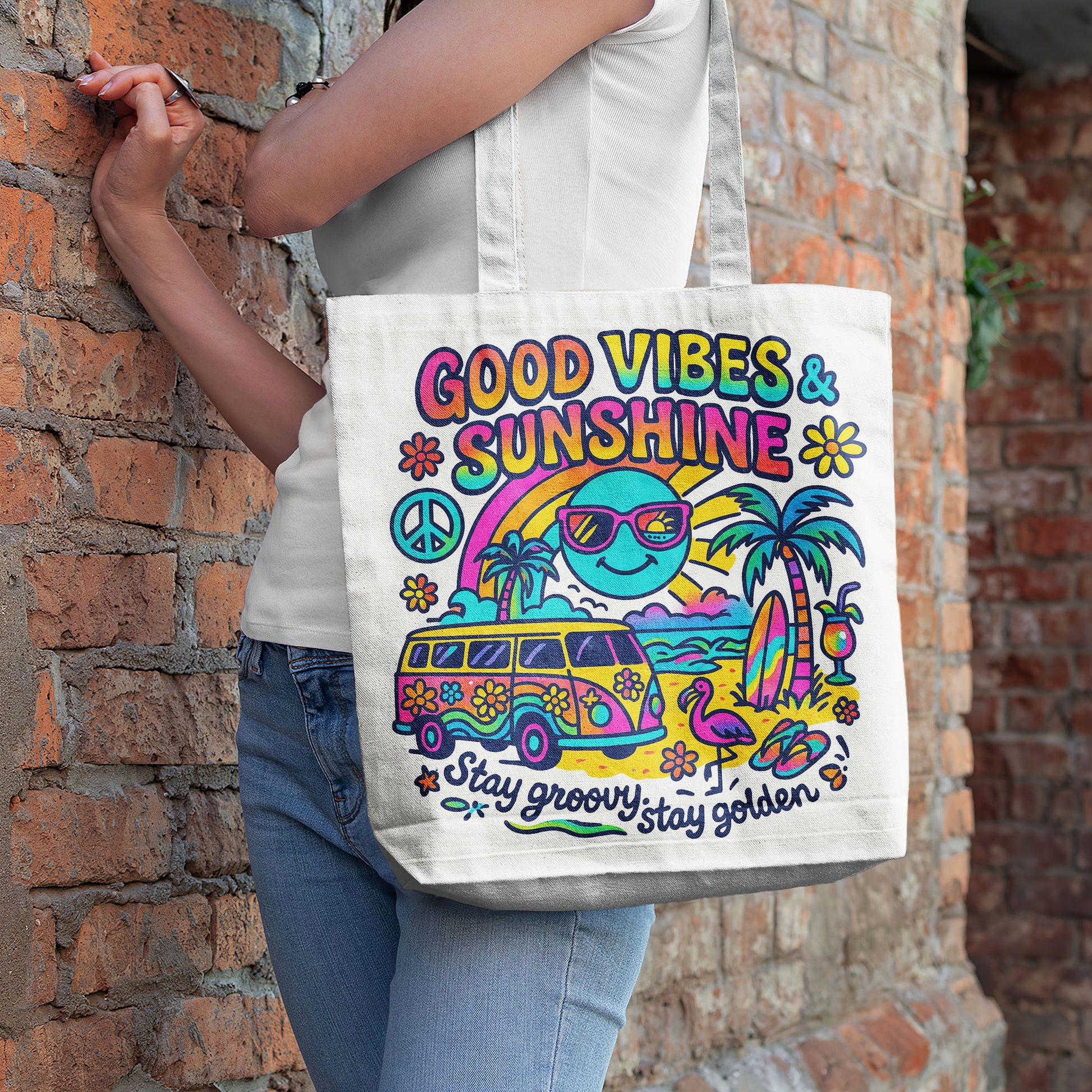White beach tote bag with a colorful retro design featuring a surf van, palm trees, sun with sunglasses, rainbow, peace sign, and text 'Good Vibes & Sunshine' and 'Stay groovy, stay golden