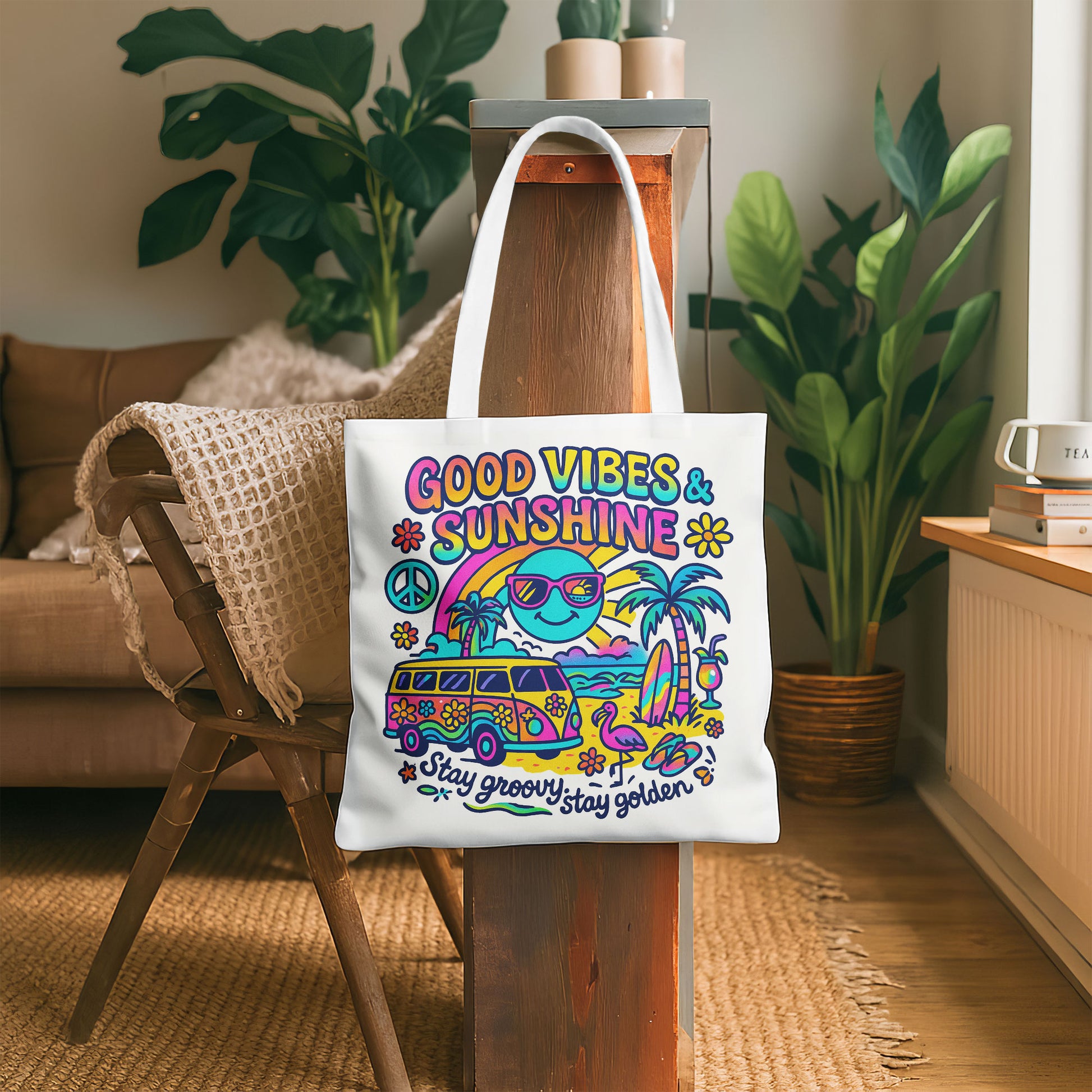 White beach tote bag with a colorful retro design featuring a surf van, palm trees, sun with sunglasses, rainbow, peace sign, and text 'Good Vibes & Sunshine' and 'Stay groovy, stay golden