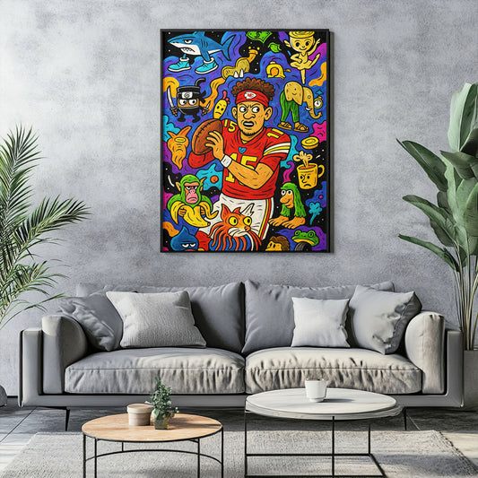 Abstract pop art canvas depicting a vibrant athlete in a red jersey holding a football, surrounded by colorful cartoon figures and abstract shapes in the style of Dxtr Art.