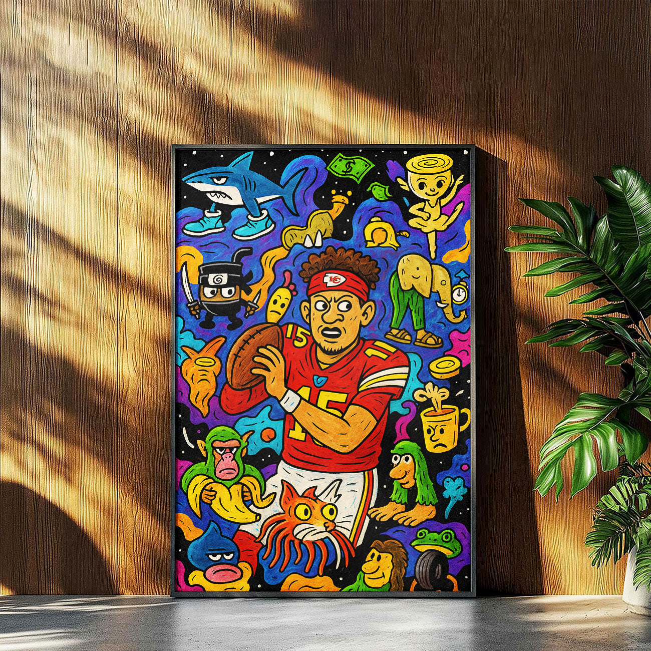 Abstract pop art canvas depicting a vibrant athlete in a red jersey holding a football, surrounded by colorful cartoon figures and abstract shapes in the style of Dxtr Art.