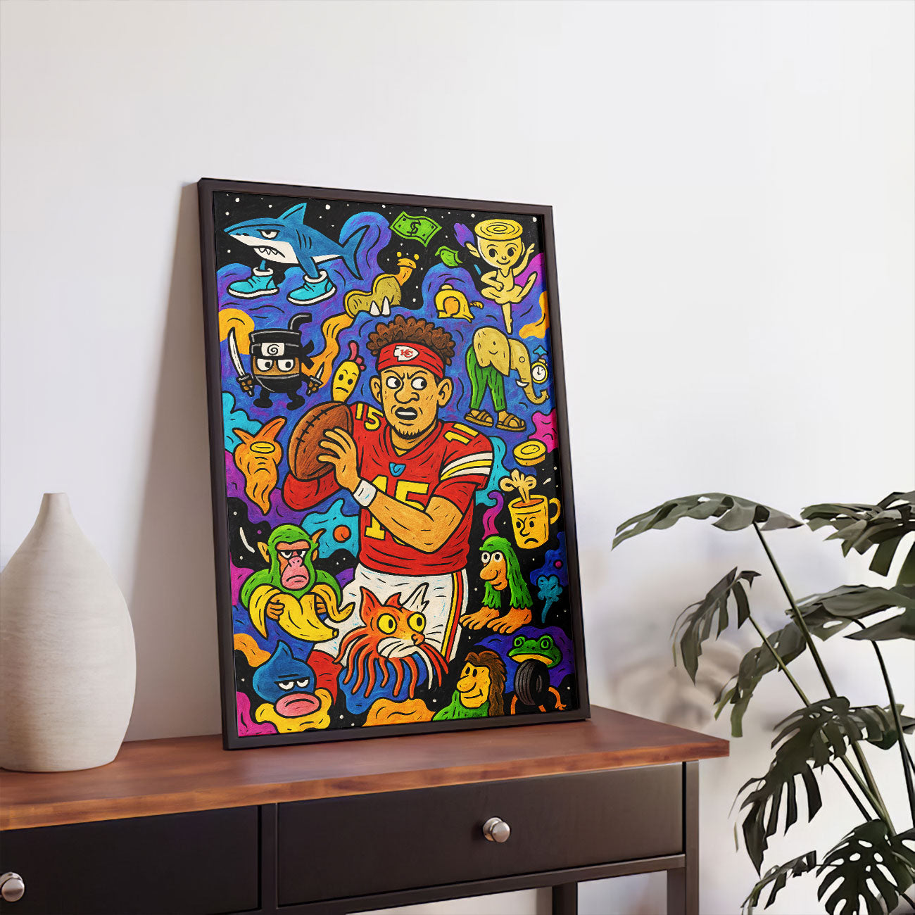Abstract pop art canvas depicting a vibrant athlete in a red jersey holding a football, surrounded by colorful cartoon figures and abstract shapes in the style of Dxtr Art.