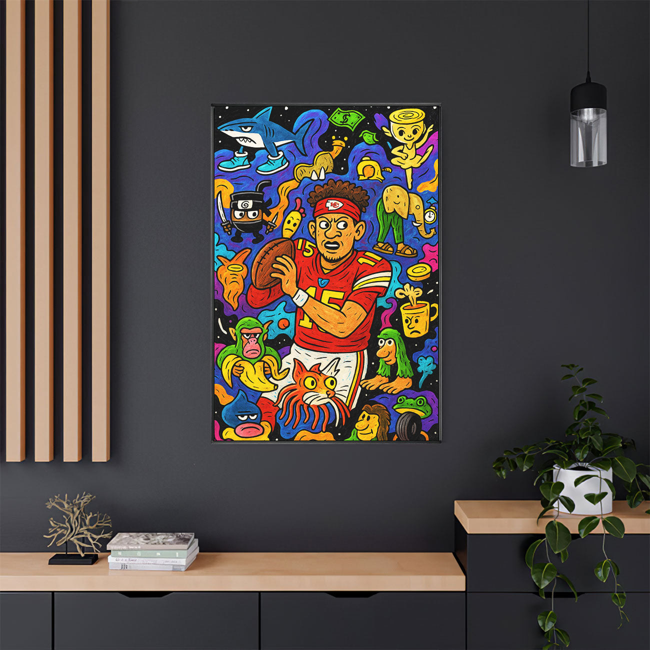 Abstract pop art canvas depicting a vibrant athlete in a red jersey holding a football, surrounded by colorful cartoon figures and abstract shapes in the style of Dxtr Art.
