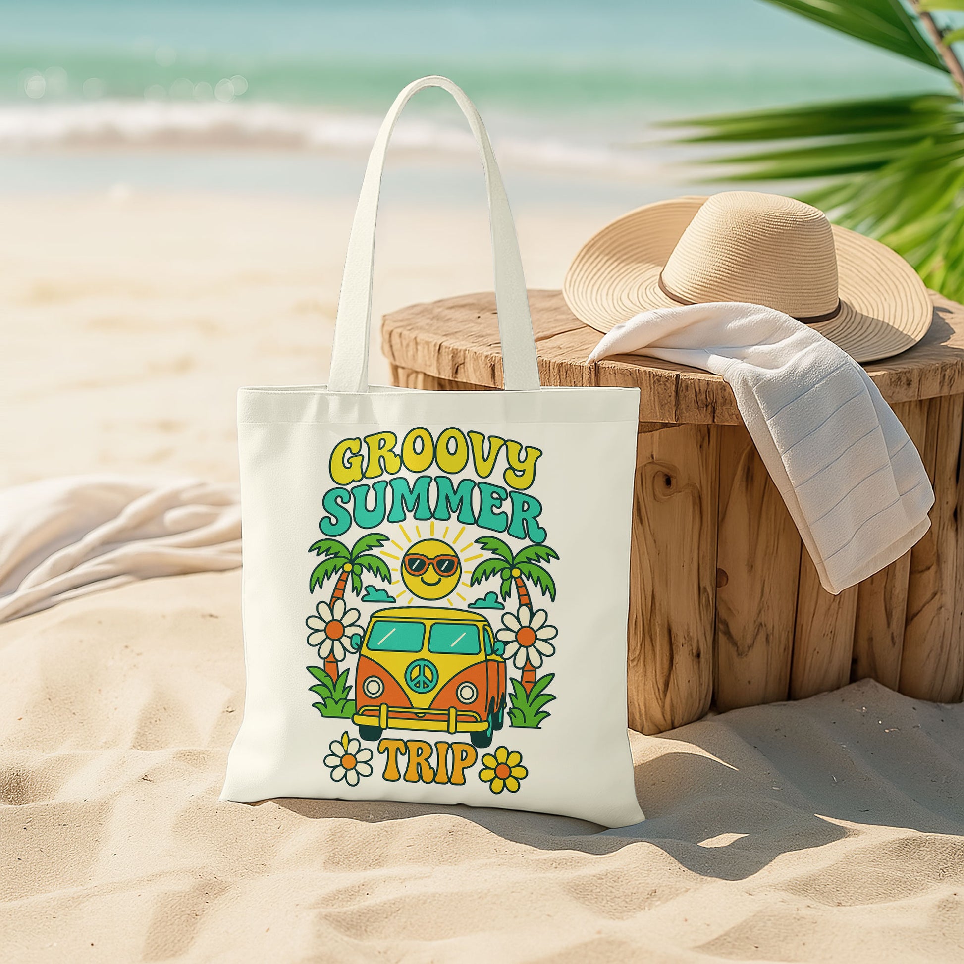 Close-up of a white tote bag with a vibrant, retro summer travel design, including a vintage bus and tropical elements.