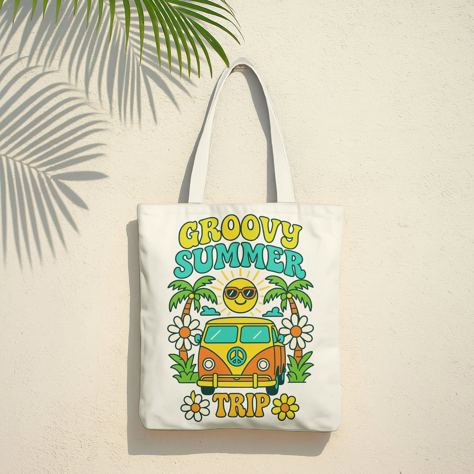 Close-up of a white tote bag with a vibrant, retro summer travel design, including a vintage bus and tropical elements.