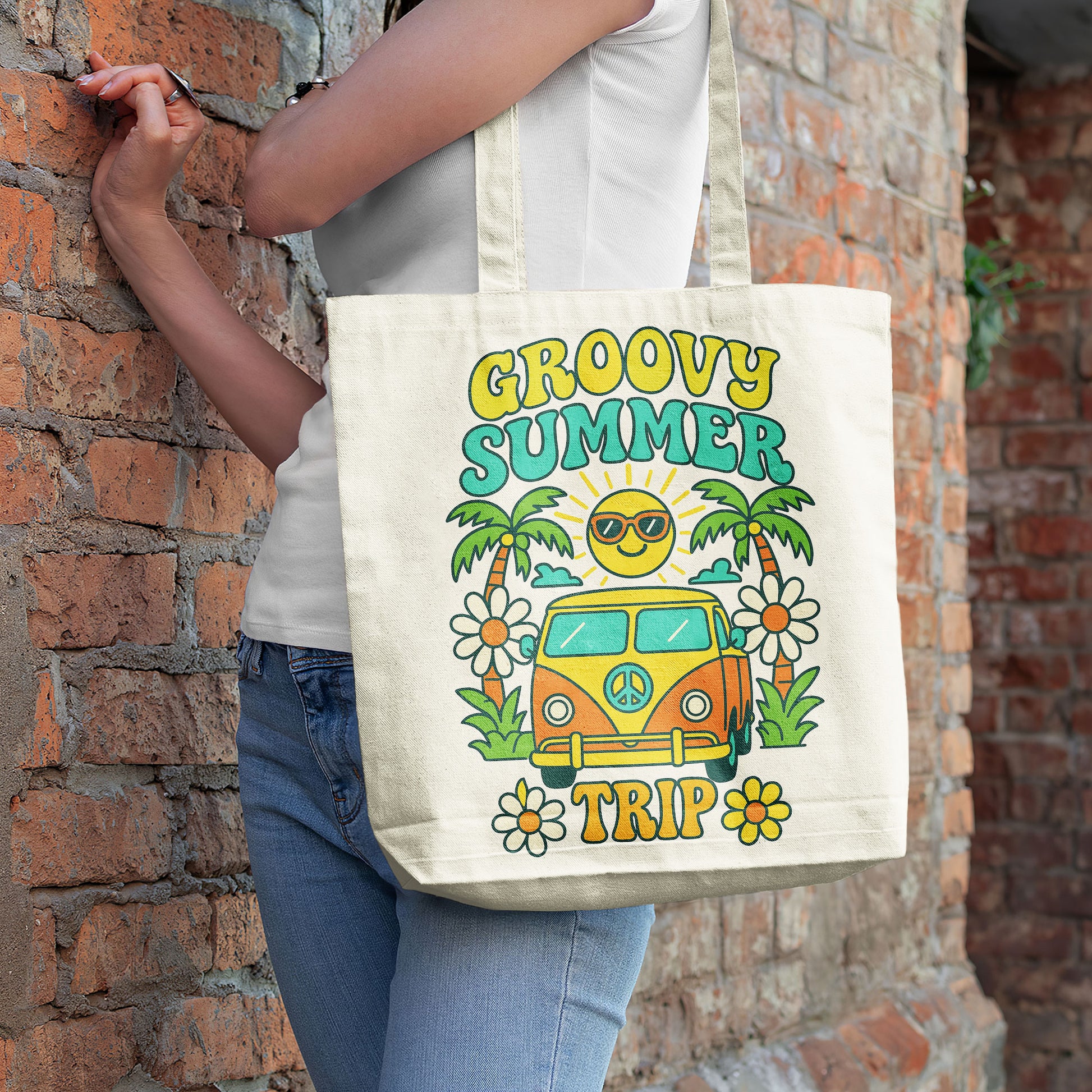 Close-up of a white tote bag with a vibrant, retro summer travel design, including a vintage bus and tropical elements.