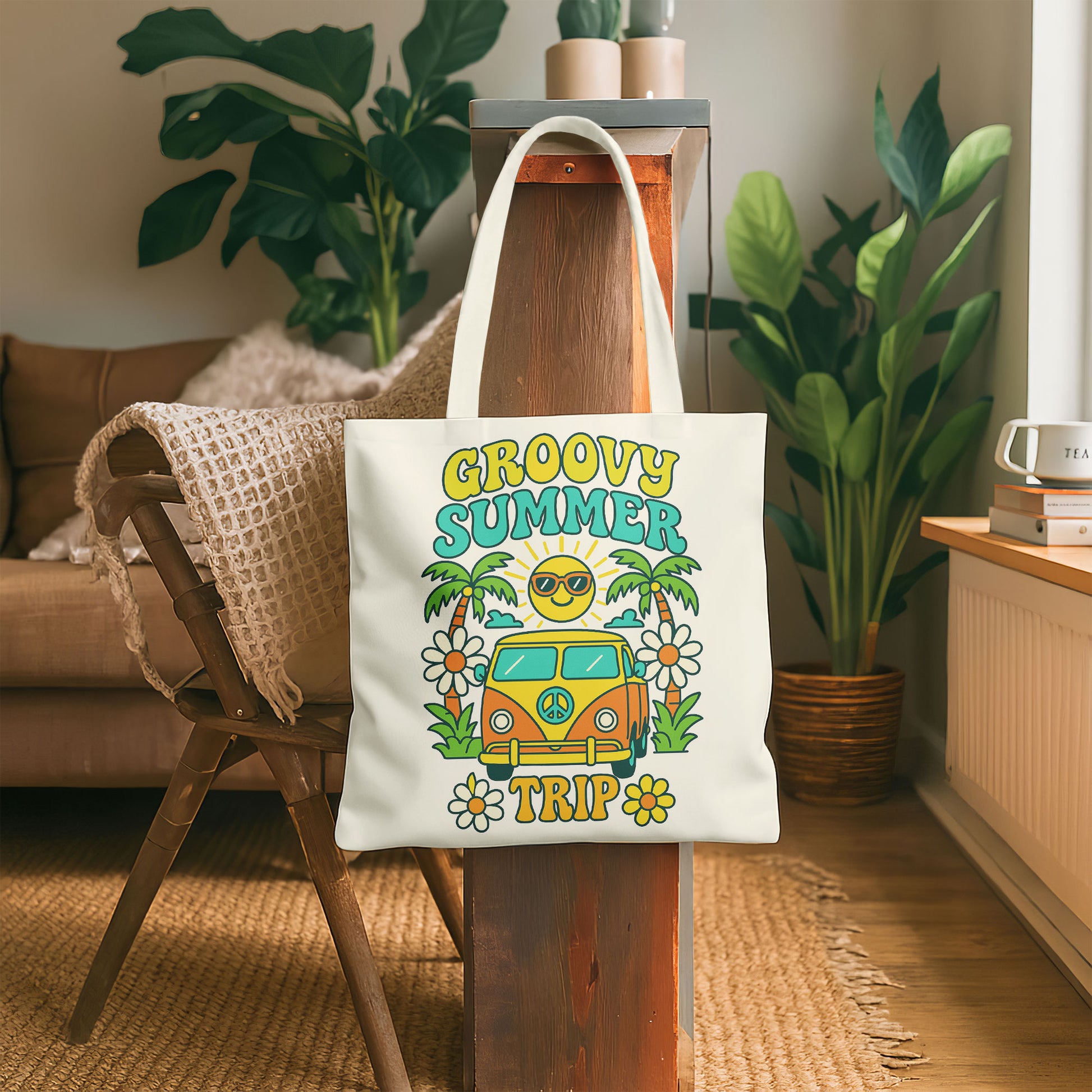 Close-up of a white tote bag with a vibrant, retro summer travel design, including a vintage bus and tropical elements.