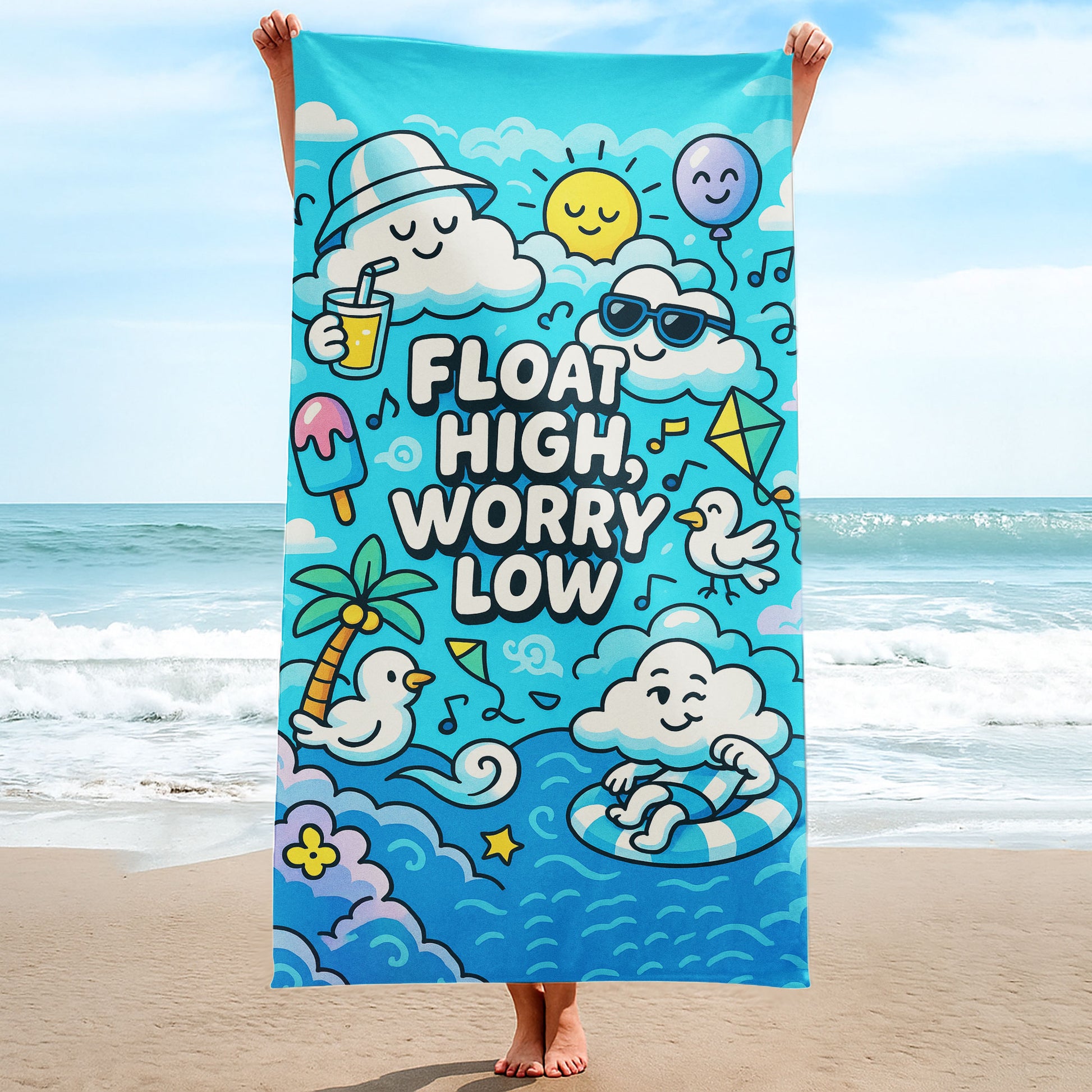 Happy Clouds Float Beach Towel with smiling cloud characters, a sun, balloon, birds, palm tree, and "FLOAT HIGH, WORRY LOW!" text on a blue sky and ocean background.