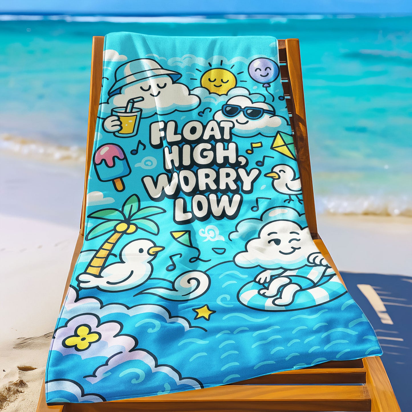 Happy Clouds Float Beach Towel with smiling cloud characters, a sun, balloon, birds, palm tree, and "FLOAT HIGH, WORRY LOW!" text on a blue sky and ocean background.