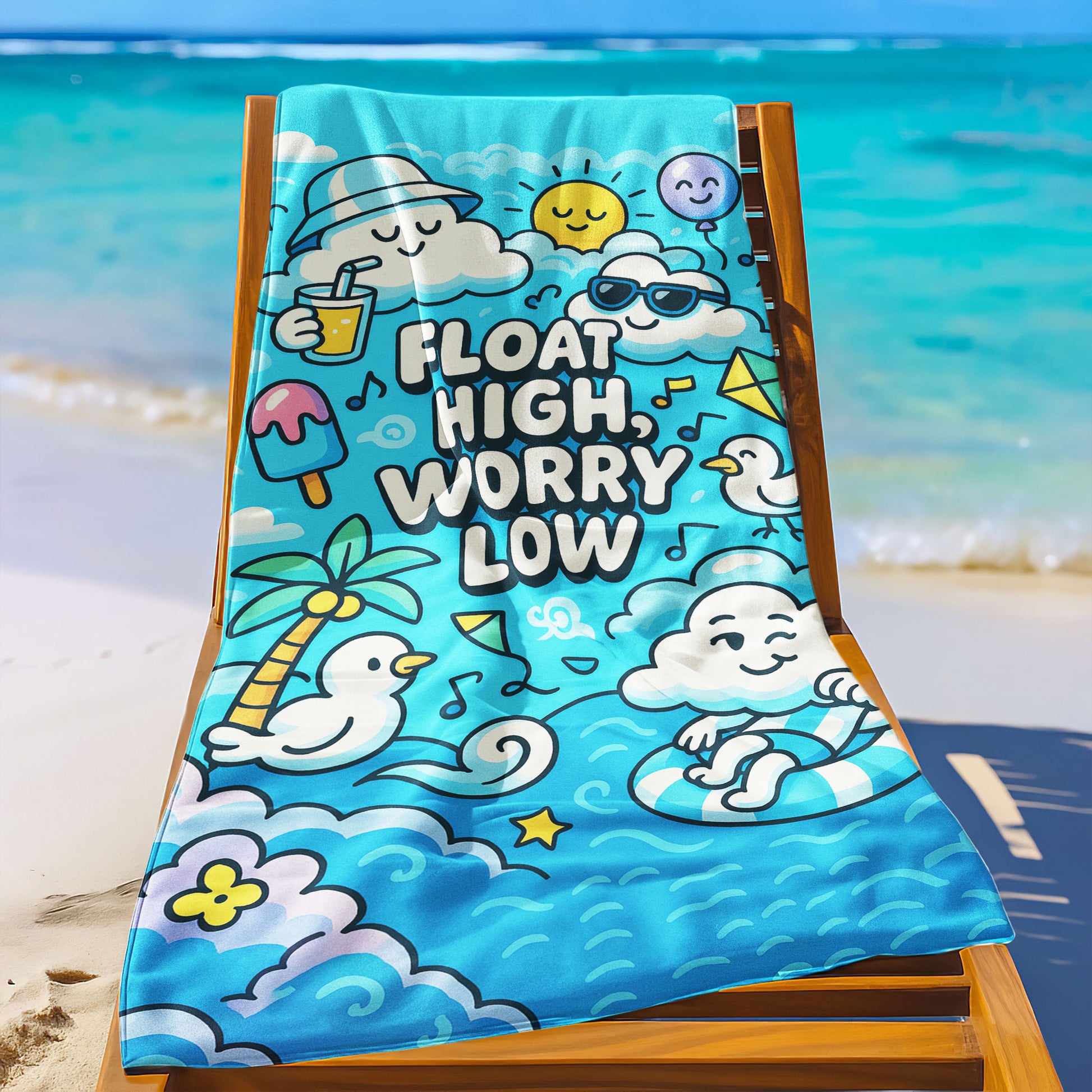 Happy Clouds Float Beach Towel with smiling cloud characters, a sun, balloon, birds, palm tree, and "FLOAT HIGH, WORRY LOW!" text on a blue sky and ocean background.