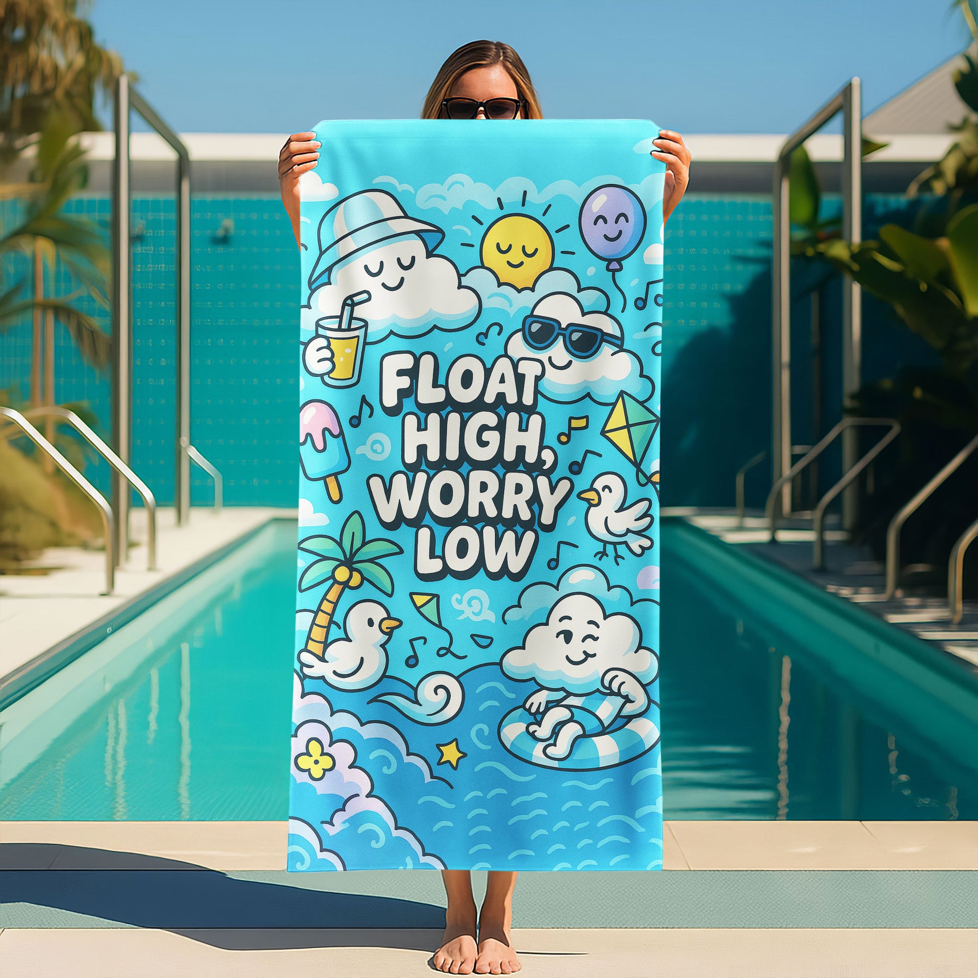 Happy Clouds Float Beach Towel with smiling cloud characters, a sun, balloon, birds, palm tree, and "FLOAT HIGH, WORRY LOW!" text on a blue sky and ocean background.