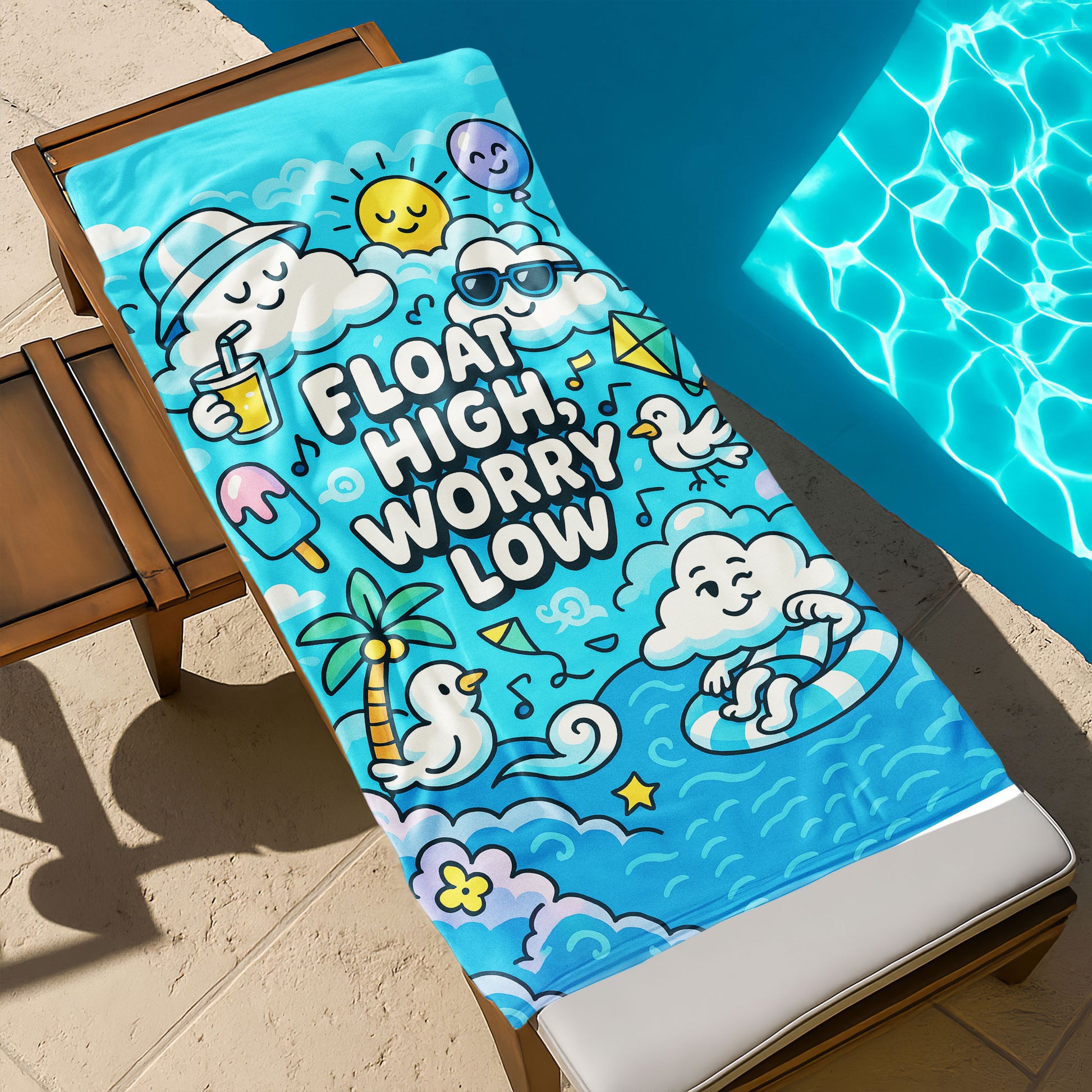 Happy Clouds Float Beach Towel with smiling cloud characters, a sun, balloon, birds, palm tree, and "FLOAT HIGH, WORRY LOW!" text on a blue sky and ocean background.