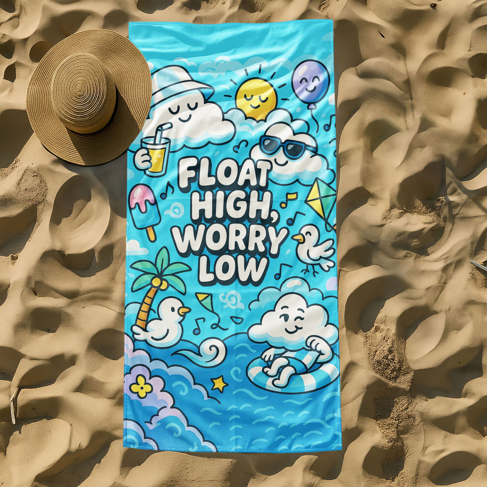 Happy Clouds Float Beach Towel with smiling cloud characters, a sun, balloon, birds, palm tree, and "FLOAT HIGH, WORRY LOW!" text on a blue sky and ocean background.
