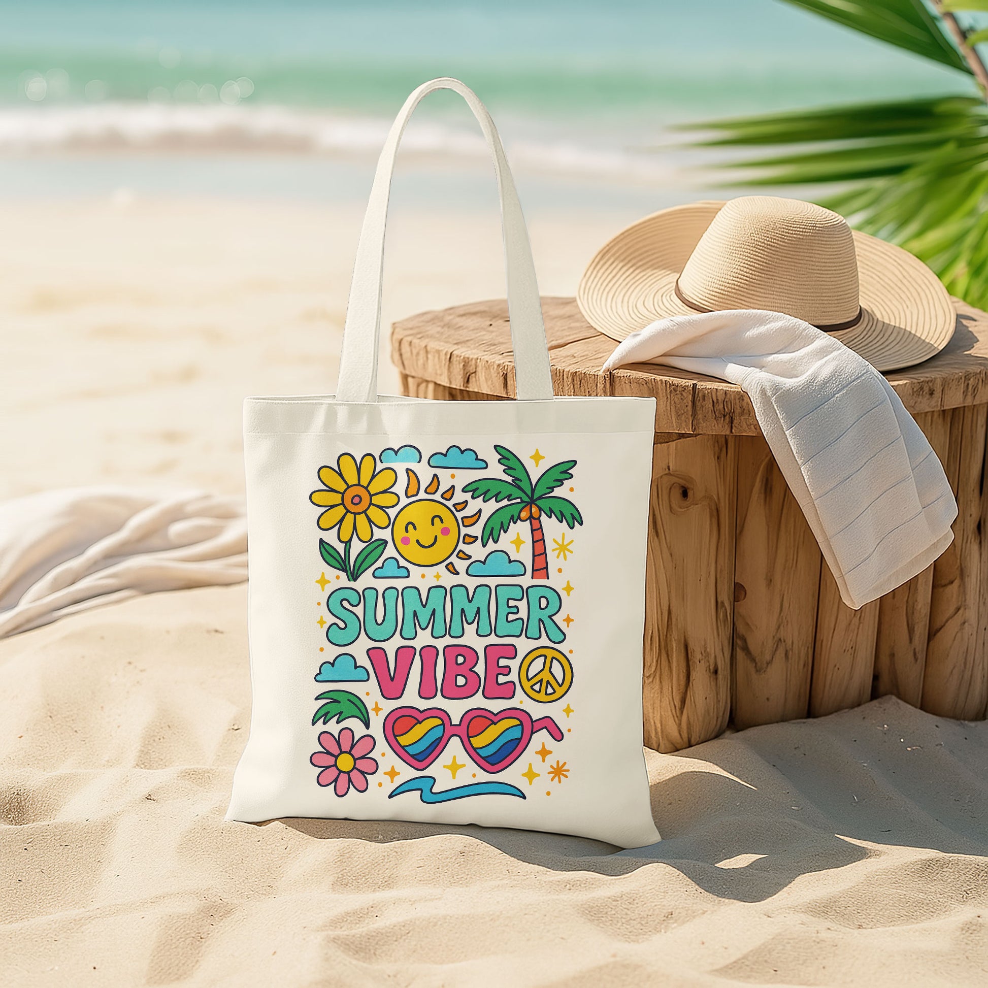 White beach tote bag with colorful 'Happy Summer Vibes' graphics including a happy sun, daisy, palm tree, clouds, and heart-shaped sunglasses