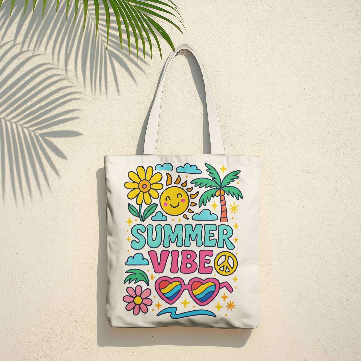 White beach tote bag with colorful 'Happy Summer Vibes' graphics including a happy sun, daisy, palm tree, clouds, and heart-shaped sunglasses