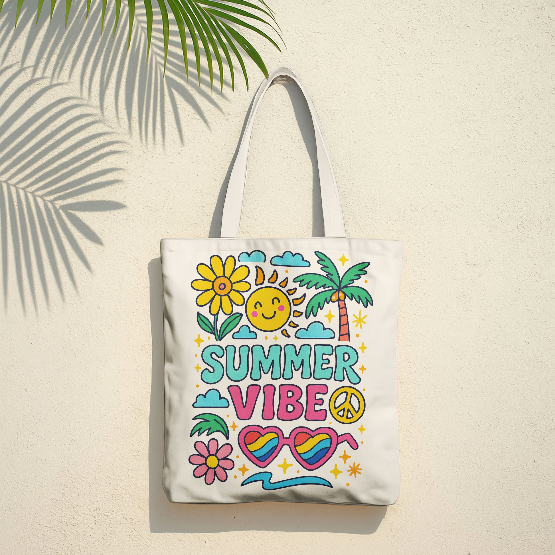 White beach tote bag with colorful 'Happy Summer Vibes' graphics including a happy sun, daisy, palm tree, clouds, and heart-shaped sunglasses