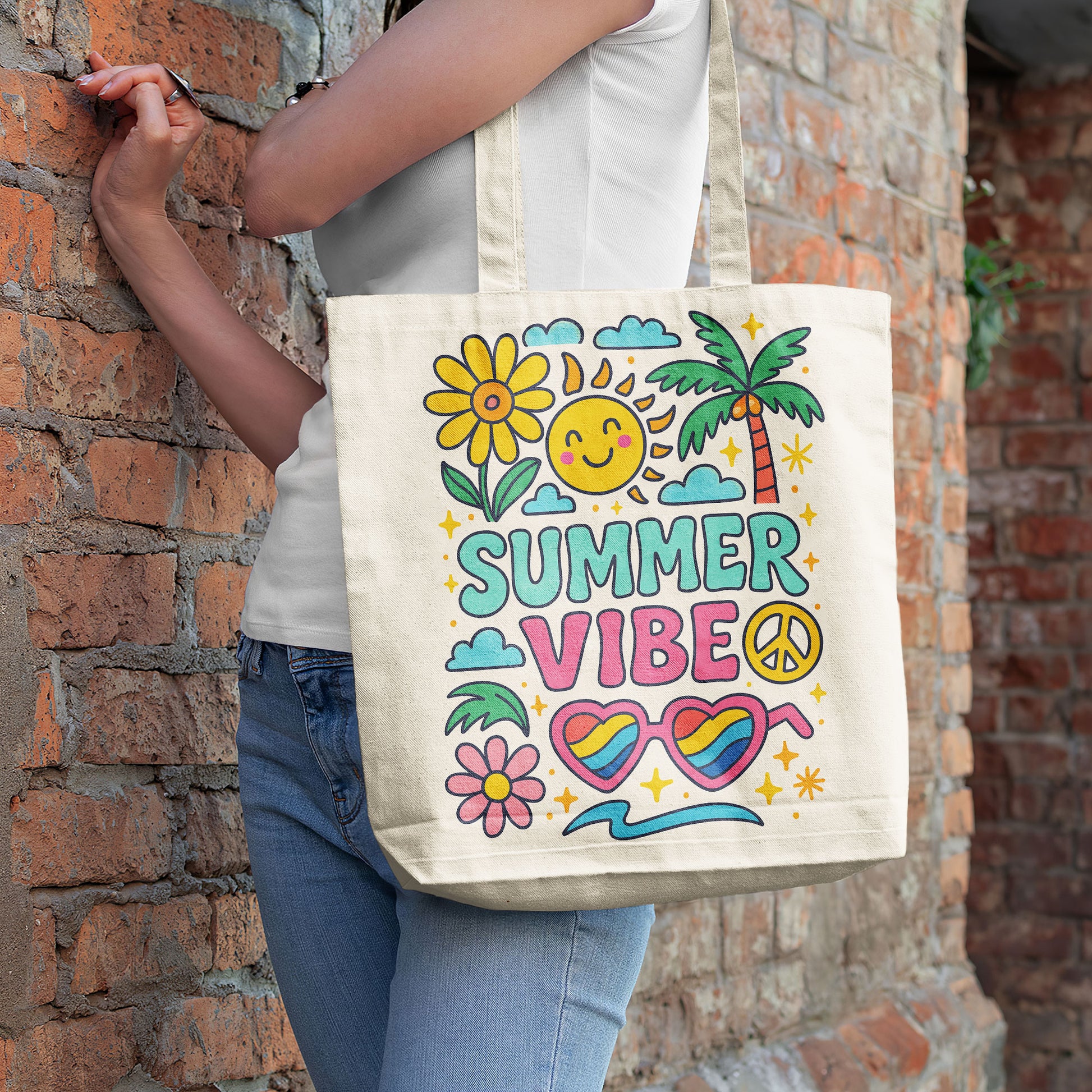 White beach tote bag with colorful 'Happy Summer Vibes' graphics including a happy sun, daisy, palm tree, clouds, and heart-shaped sunglasses