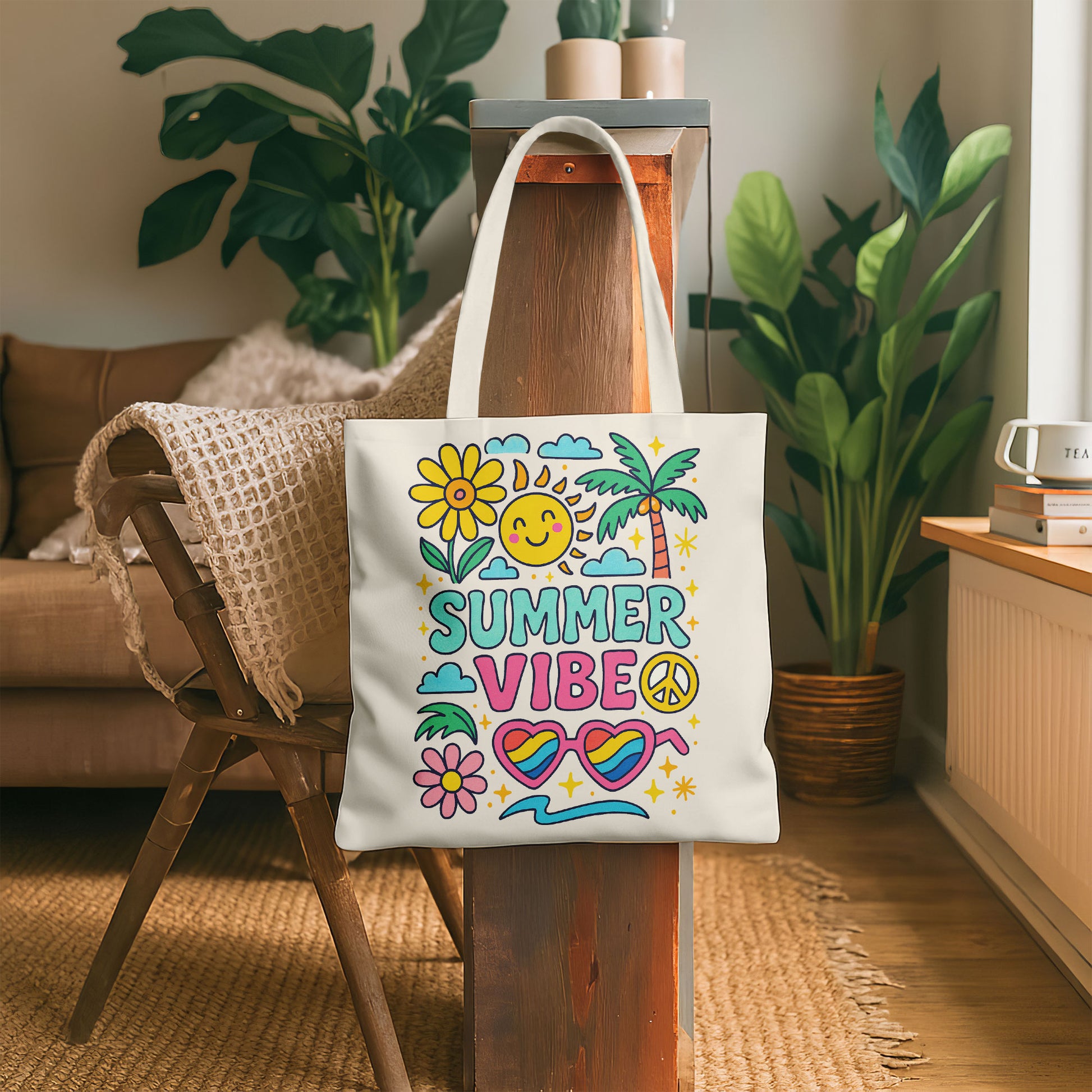 White beach tote bag with colorful 'Happy Summer Vibes' graphics including a happy sun, daisy, palm tree, clouds, and heart-shaped sunglasses