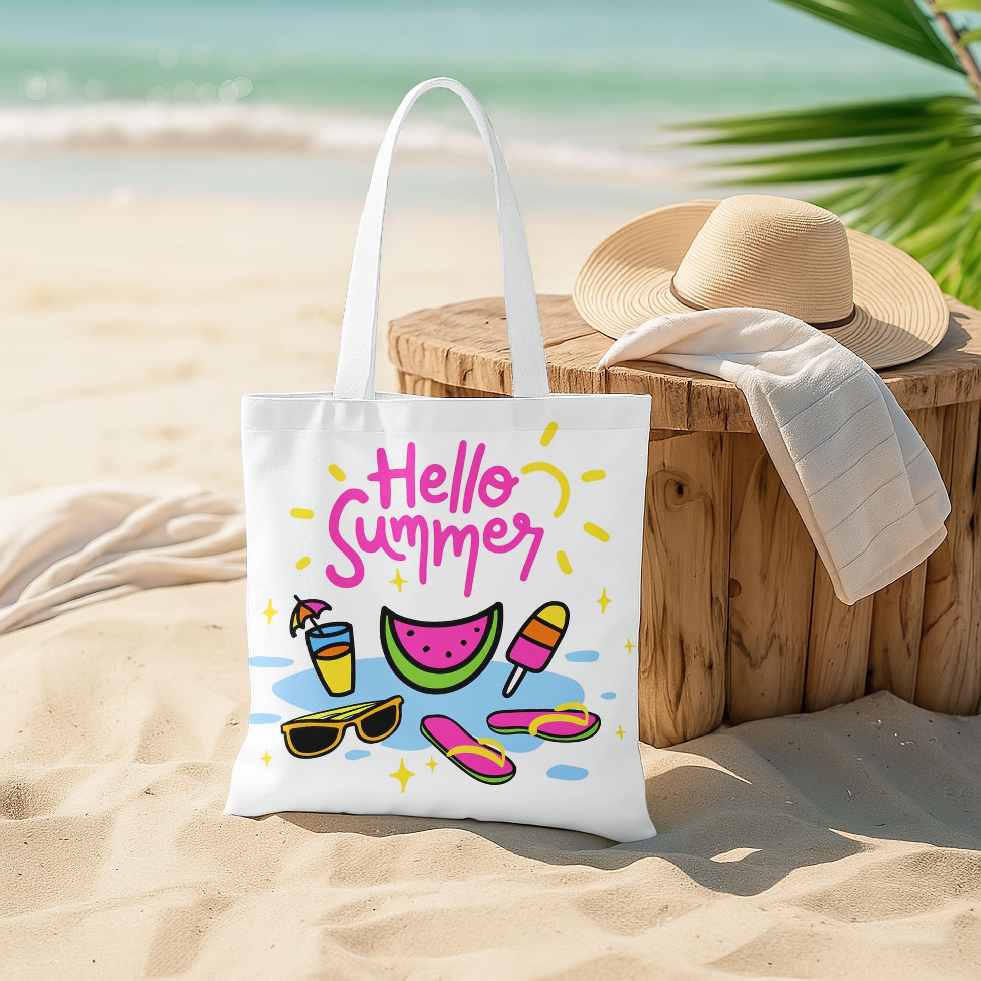 Close-up of a white tote bag featuring a bright, playful summer design with various beach and vacation items.