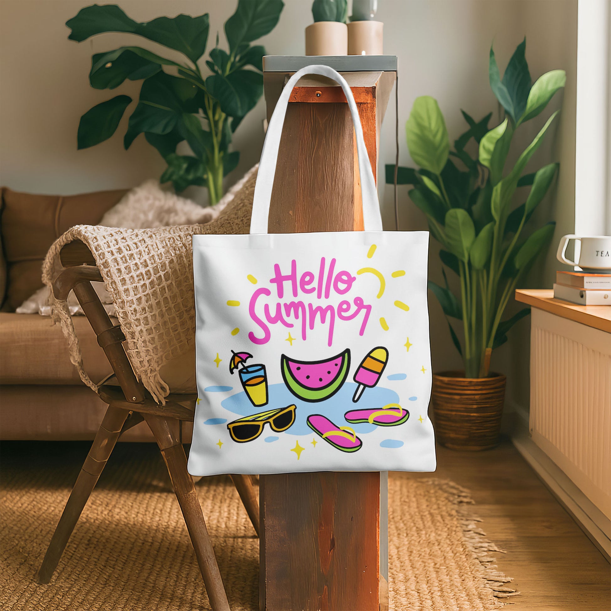 Close-up of a white tote bag featuring a bright, playful summer design with various beach and vacation items.