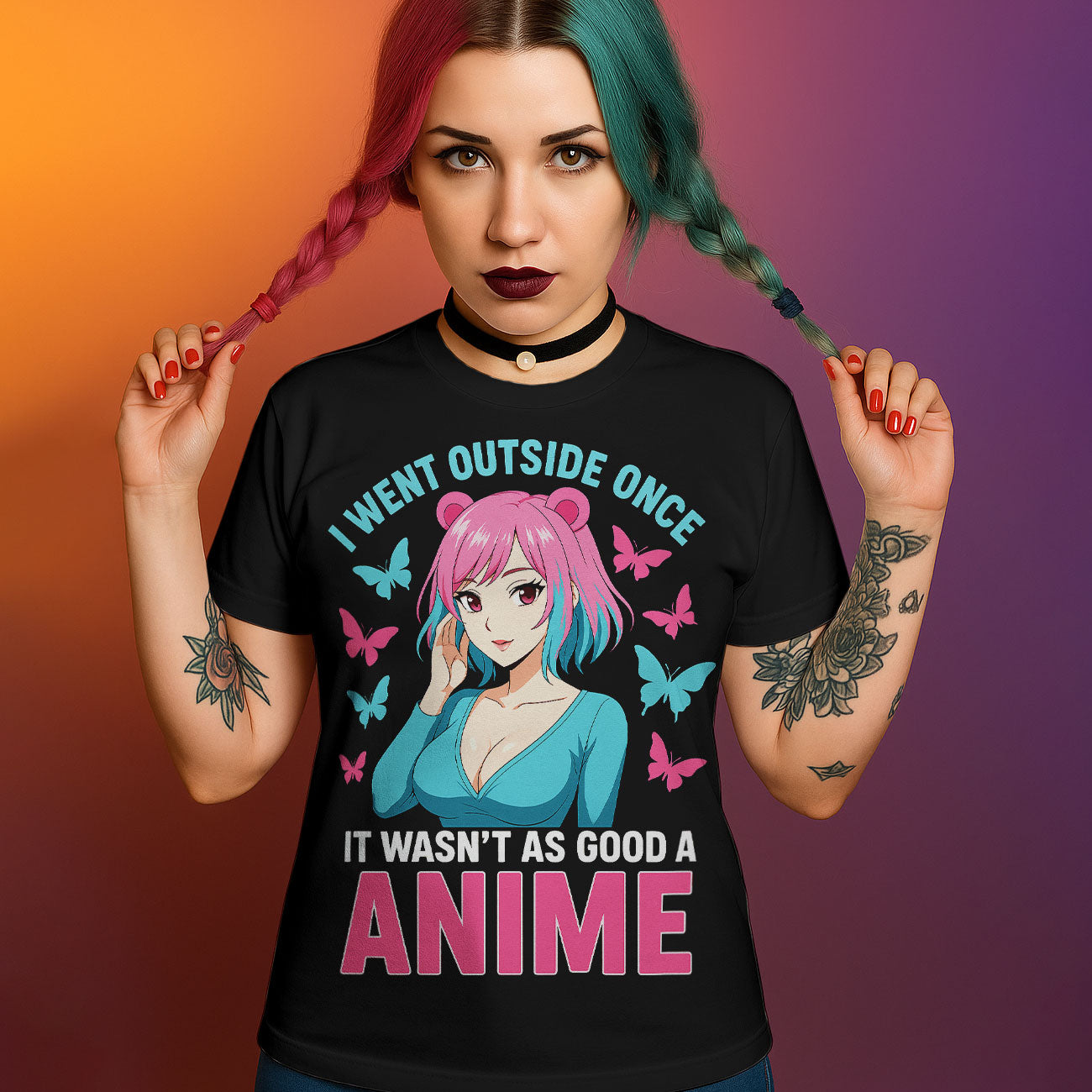 Black graphic t-shirt with "I Went Outside Once - It Wasn't As Good As Anime" text and anime girl with pink/blue hair