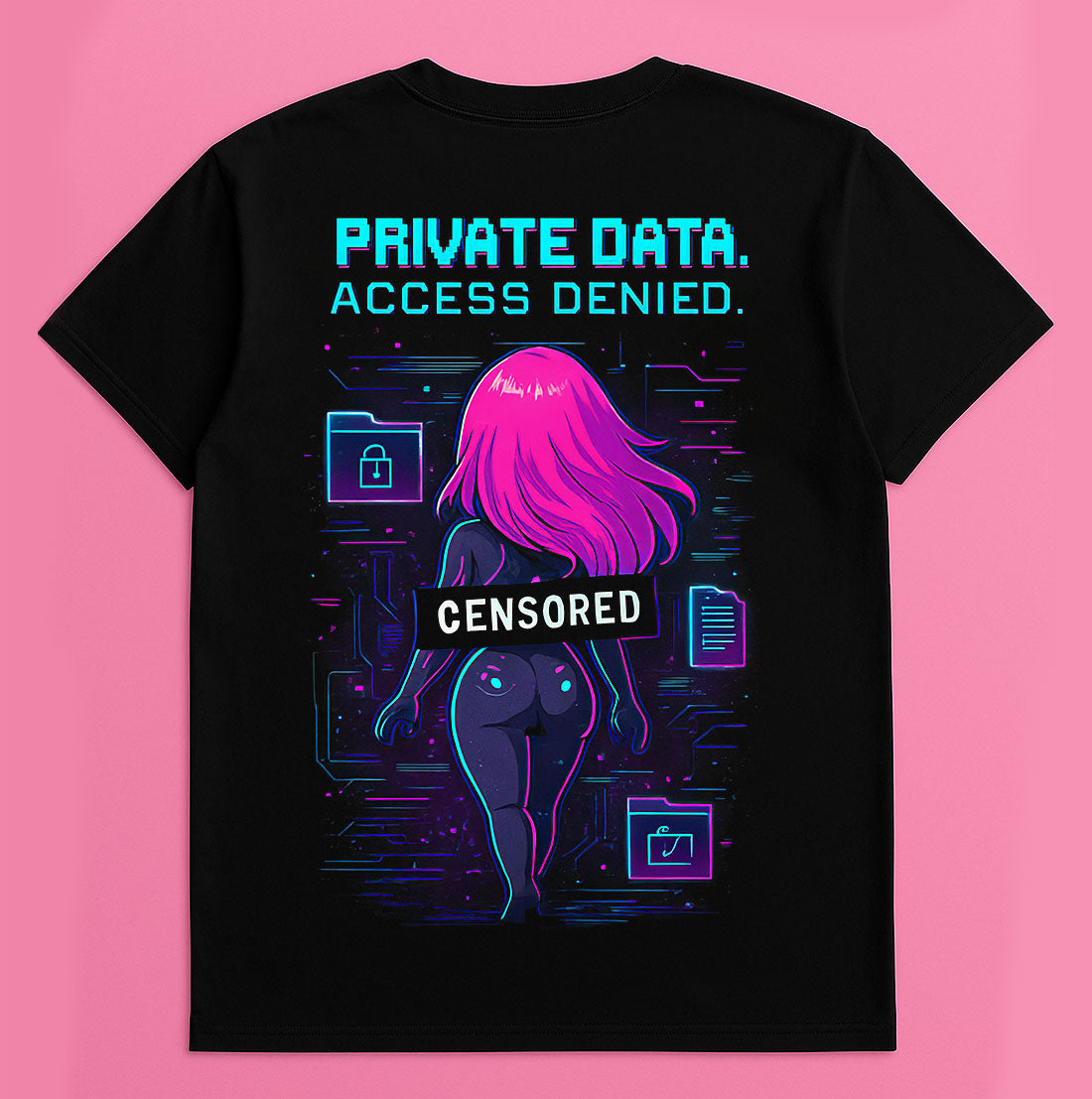 Back of black graphic t-shirt with "PRIVATE DATA. ACCESS DENIED." text and censored anime character with digital circuit background
