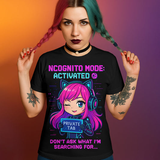 Black graphic t-shirt with "Incognito Mode: Activated" text, anime girl with headphones and "PRIVATE TAB" sign