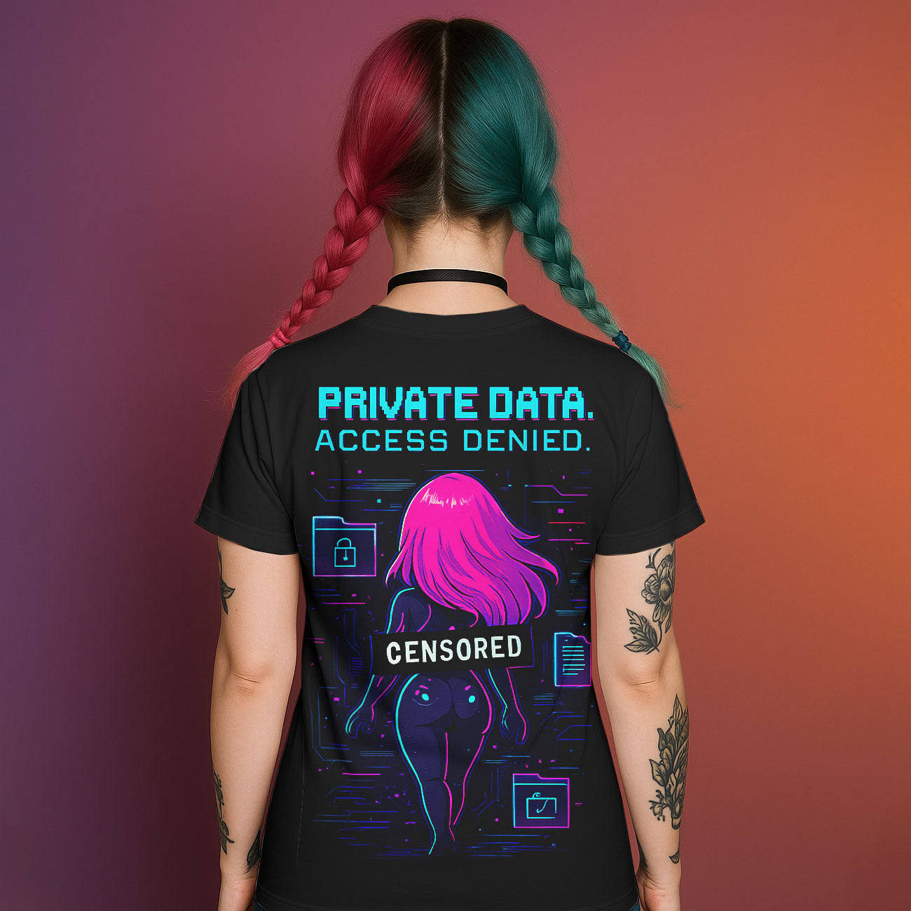 Back of black graphic t-shirt with "PRIVATE DATA. ACCESS DENIED." text and censored anime character with digital circuit background