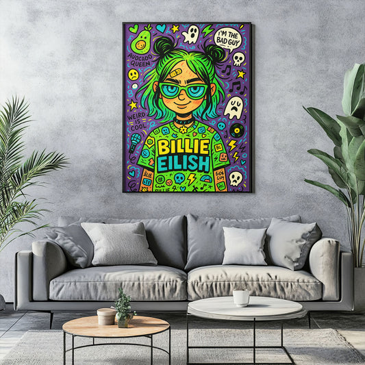 Vibrant indie pop art print featuring a stylized female artist with green hair, glasses, headphones, and surrounded by ghosts, stars, and musical notes on a purple background