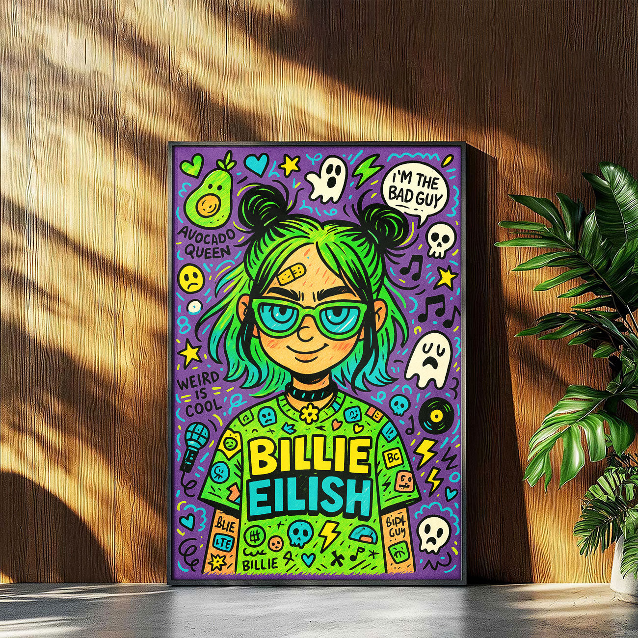 Vibrant indie pop art print featuring a stylized female artist with green hair, glasses, headphones, and surrounded by ghosts, stars, and musical notes on a purple background