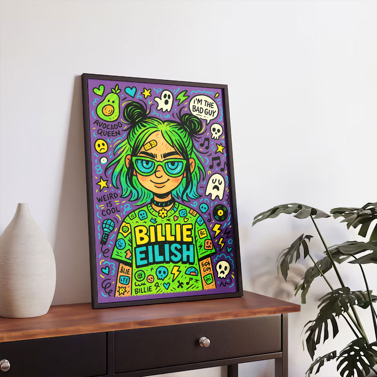 Vibrant indie pop art print featuring a stylized female artist with green hair, glasses, headphones, and surrounded by ghosts, stars, and musical notes on a purple background
