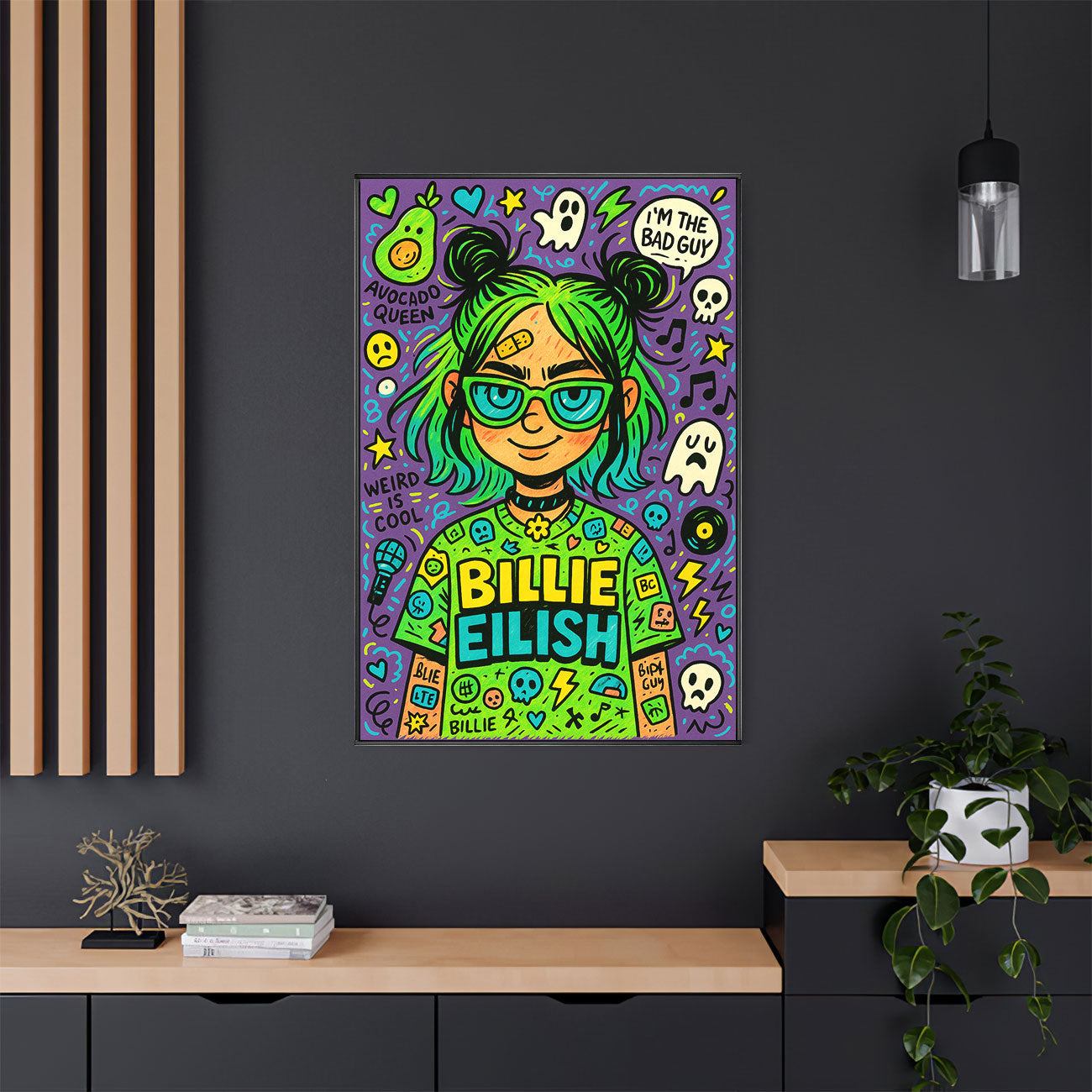 Vibrant indie pop art print featuring a stylized female artist with green hair, glasses, headphones, and surrounded by ghosts, stars, and musical notes on a purple background