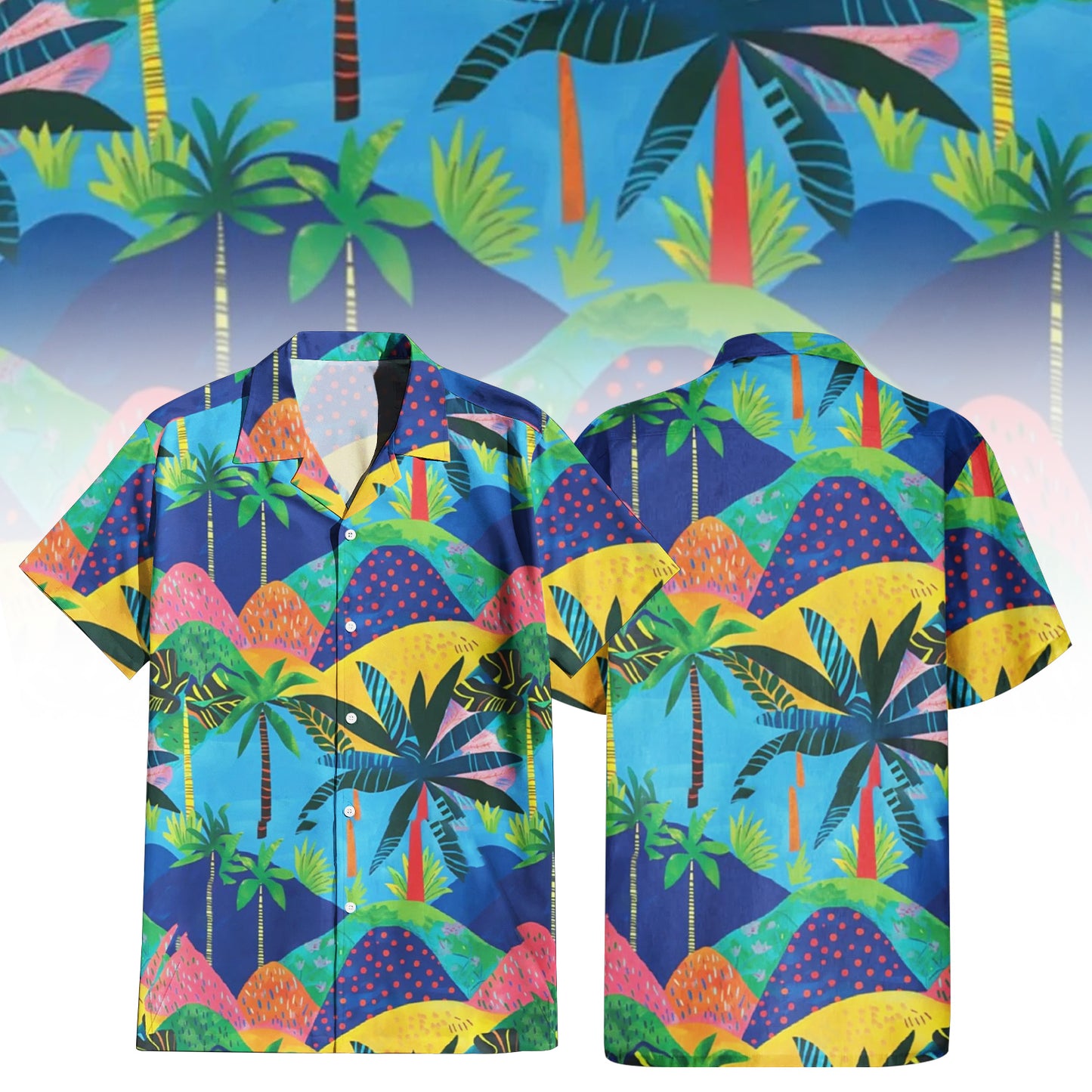 Island Life Hawaiian Shirt For Men Women featuring a vibrant abstract tropical landscape print with palm trees, rolling hills in blue, yellow, pink, and purple. Front and back view of the short-sleeve button-up shirt.