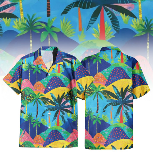 Island Life Hawaiian Shirt For Men Women featuring a vibrant abstract tropical landscape print with palm trees, rolling hills in blue, yellow, pink, and purple. Front and back view of the short-sleeve button-up shirt.
