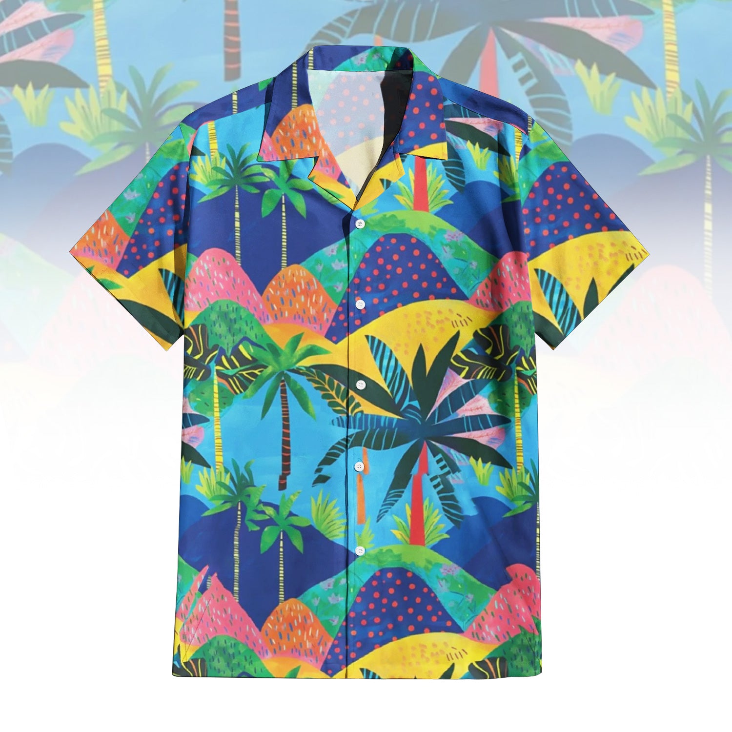 Island Life Hawaiian Shirt For Men Women featuring a vibrant abstract tropical landscape print with palm trees, rolling hills in blue, yellow, pink, and purple. Front and back view of the short-sleeve button-up shirt.