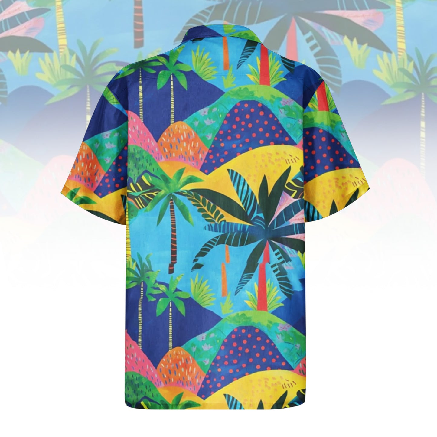 Island Life Hawaiian Shirt For Men Women featuring a vibrant abstract tropical landscape print with palm trees, rolling hills in blue, yellow, pink, and purple. Front and back view of the short-sleeve button-up shirt.