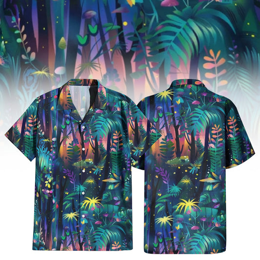 Jungle Oasis Hawaiian Shirt For Men Women featuring an enchanting forest print with dark blues, purples, and glowing pink, orange, and yellow foliage, reminiscent of a mystical jungle at night. Front and back view of the short-sleeve button-up shirt