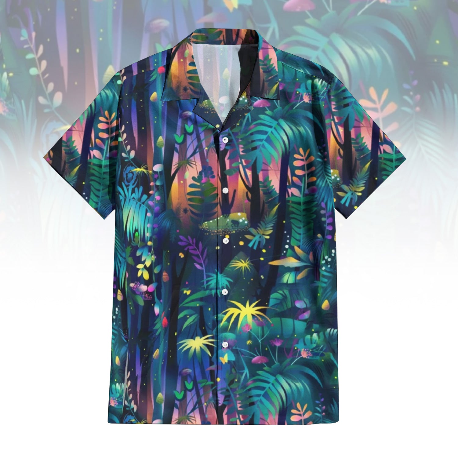 Jungle Oasis Hawaiian Shirt For Men Women featuring an enchanting forest print with dark blues, purples, and glowing pink, orange, and yellow foliage, reminiscent of a mystical jungle at night. Front and back view of the short-sleeve button-up shirt