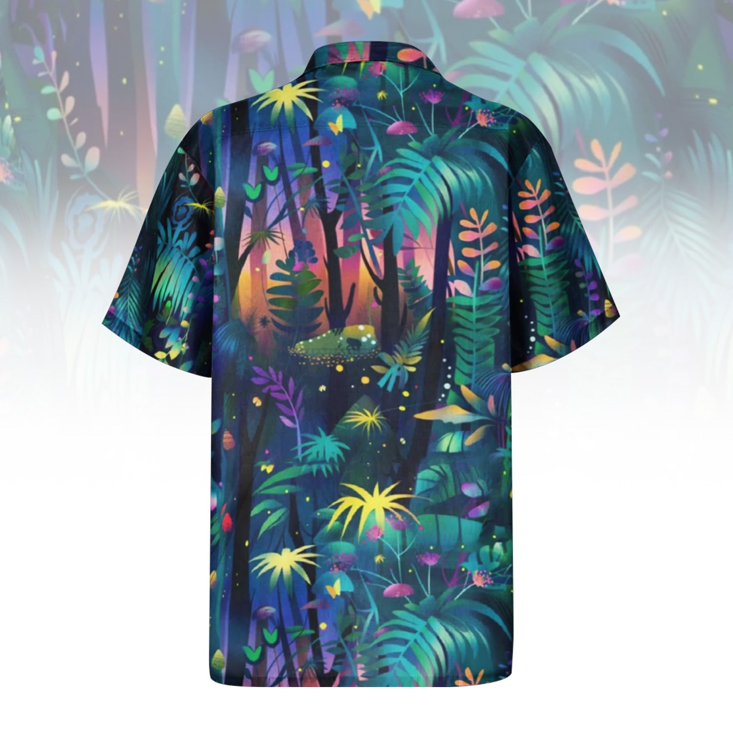 Jungle Oasis Hawaiian Shirt For Men Women featuring an enchanting forest print with dark blues, purples, and glowing pink, orange, and yellow foliage, reminiscent of a mystical jungle at night. Front and back view of the short-sleeve button-up shirt