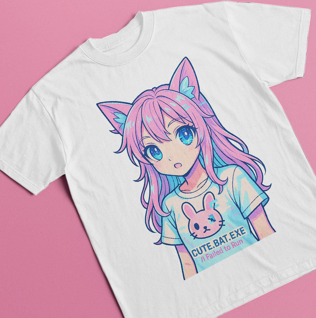 Kawaii anime cat girl t-shirt with pink and teal hair graphic on white tee
