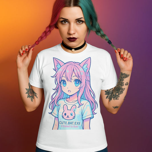 Kawaii anime cat girl t-shirt with pink and teal hair graphic on white tee