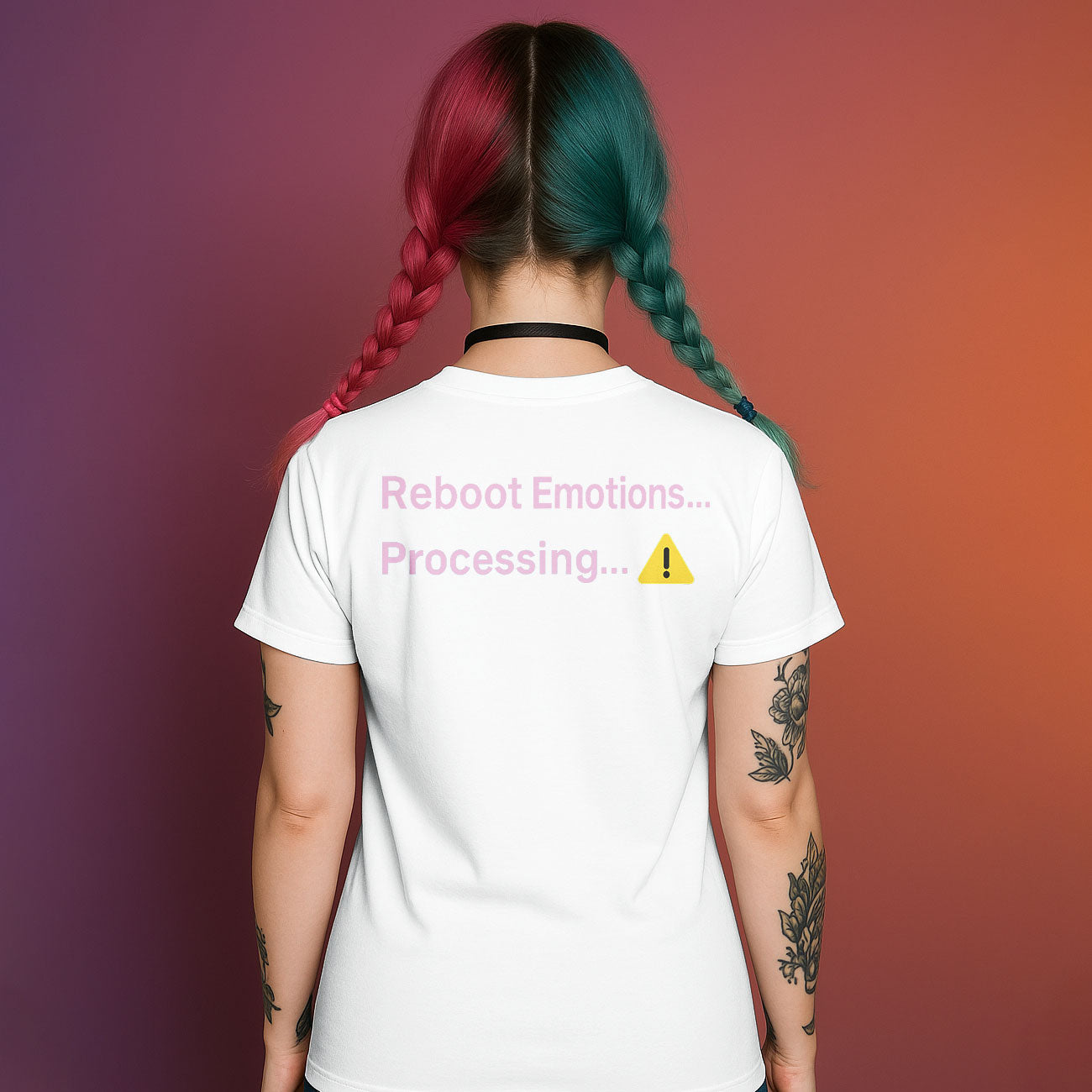 Back of white graphic t-shirt with "Reboot Emotions... Processing... ⚠️" text in pink and blue